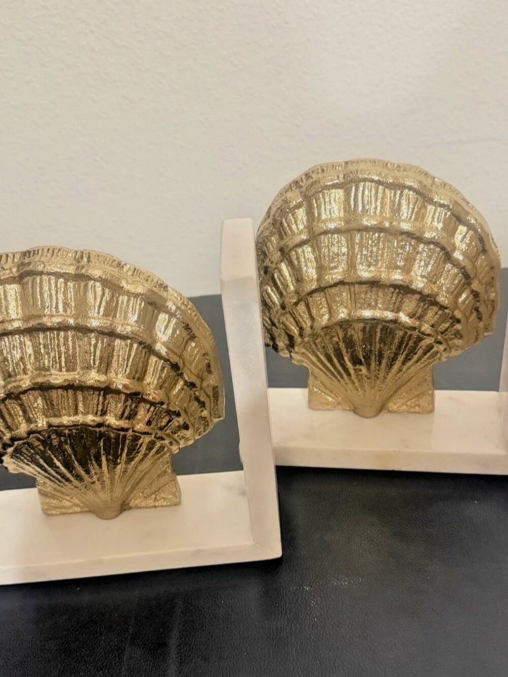 Anthropologie Gold Metal Clam Seashell Marble Bookends Coastal Home Decor 2Pcs